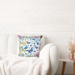 Whimsical Blue Butterfly & Wildflower Throw Pillow