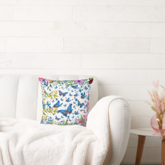 Whimsical Blue Butterfly & Wildflower Throw Pillow