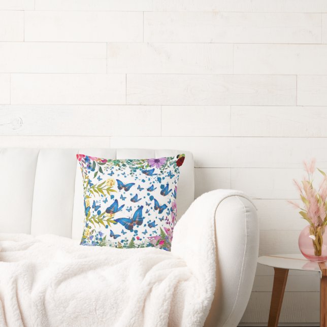 Whimsical Blue Butterfly & Wildflower Throw Pillow (Couch)