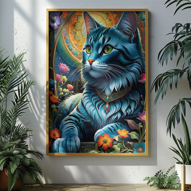 Whimsical Blue Cat and Floral Oasis Poster (Creator Uploaded)
