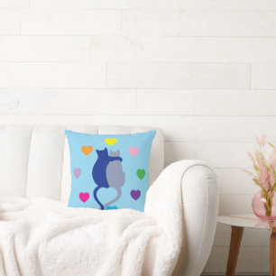 Whimsical Blue Cat Pillow With Rainbow Hearts