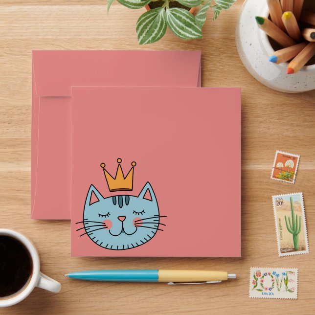 Whimsical Blue Cat With A Yellow Crown Custom Envelope (Desk)