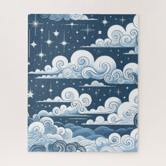 Whimsical Blue Celestial Stars and Clouds Jigsaw Puzzle