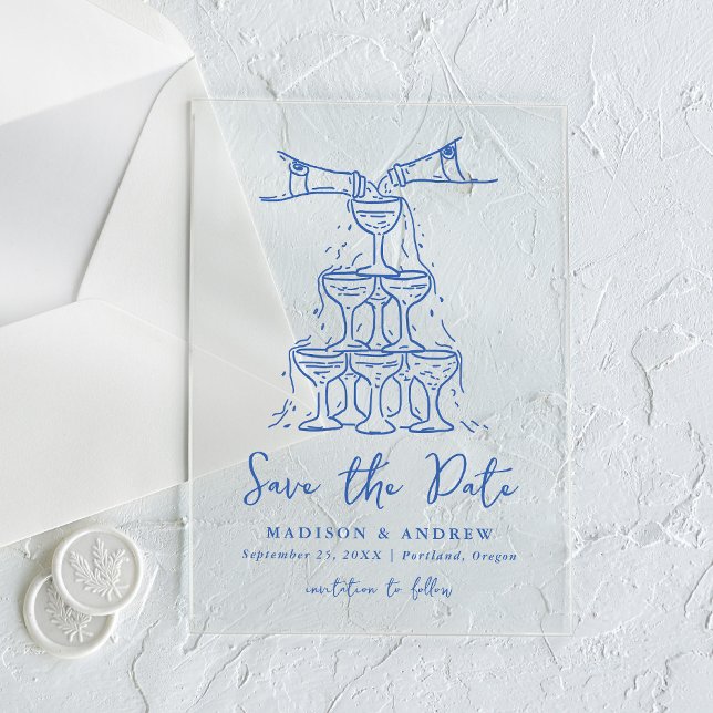Whimsical Blue Champagne Tower Save the Date Acrylic Invitations (Creator Uploaded)