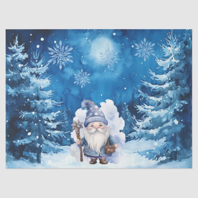 Whimsical Blue Christmas Gnome & Snowflakes Tissue Paper (Front)