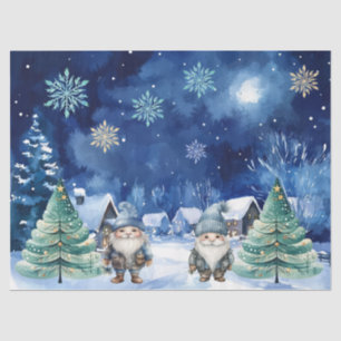 Whimsical Blue Christmas Gnome & Snowflakes Tissue Paper