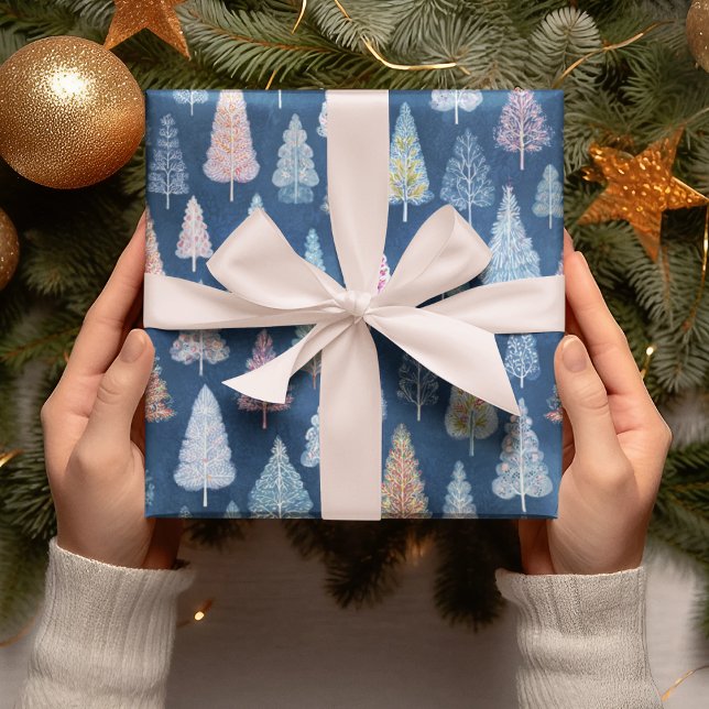 Whimsical Blue Christmas Trees Wrapping Paper  (Creator Uploaded)