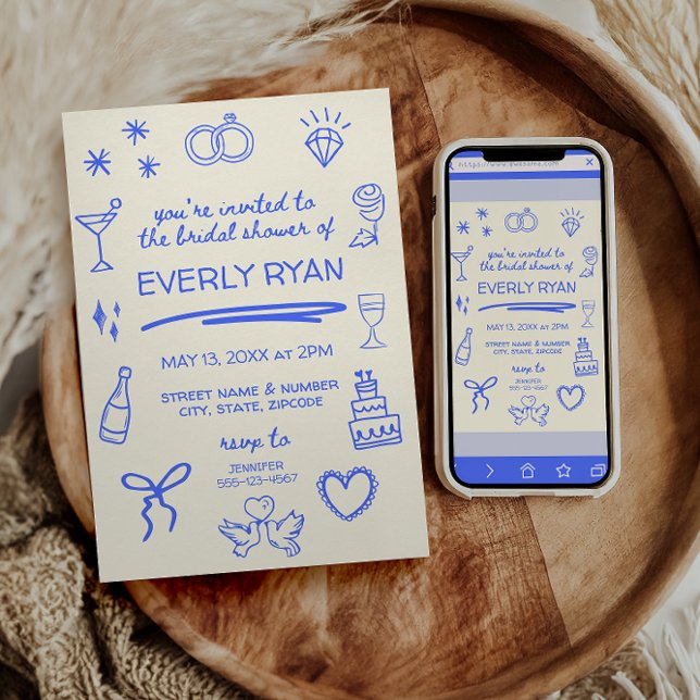 Whimsical Blue Coquette Stylish Bridal Shower Invitation (whimsical hand drawn bridal shower invitations - choose print or digital download)