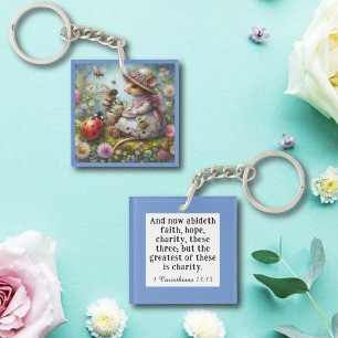 Whimsical Blue Corinthians 13 Verse Cute Mouse Key Ring