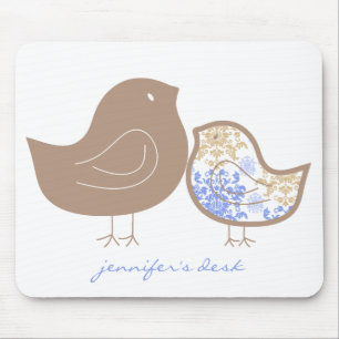 Whimsical Blue Damask Mum And Cute Boy Baby Chick Mouse Pad