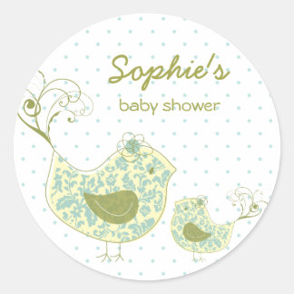 Whimsical Blue Damask Mummy Bird & Boy Baby Shower Classic Round Sticker