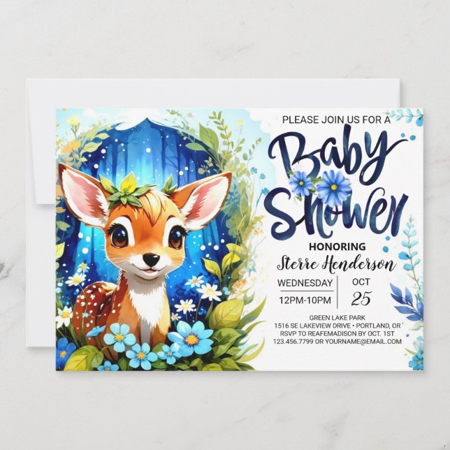  Whimsical Blue Deer Theme Baby Shower Invitation (Front)