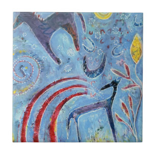 Whimsical blue dog and pony tile