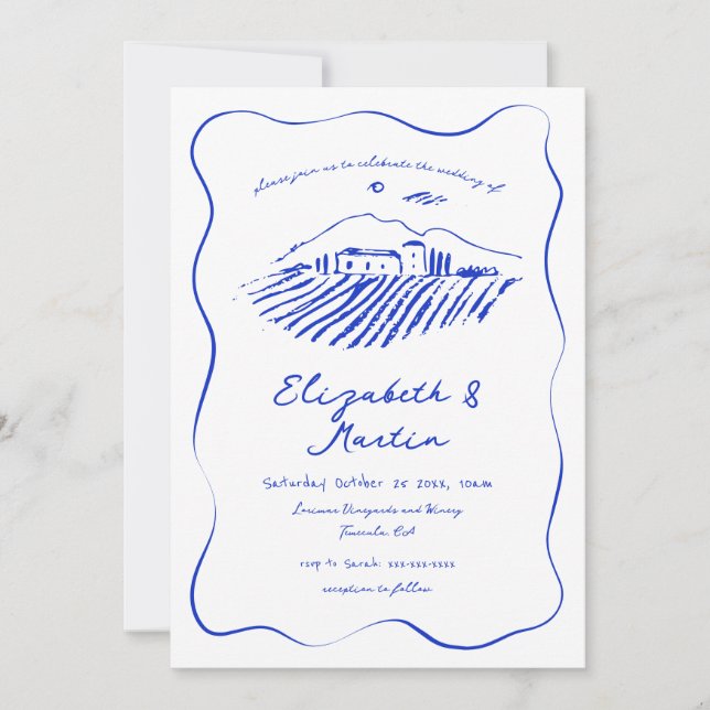 Whimsical Blue Doodle Vineyard Wavy Border Wedding Invitation (Front)