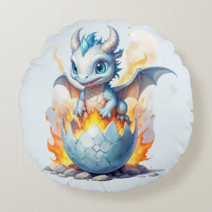 Whimsical Blue Dragon Frostfire Round Cushion