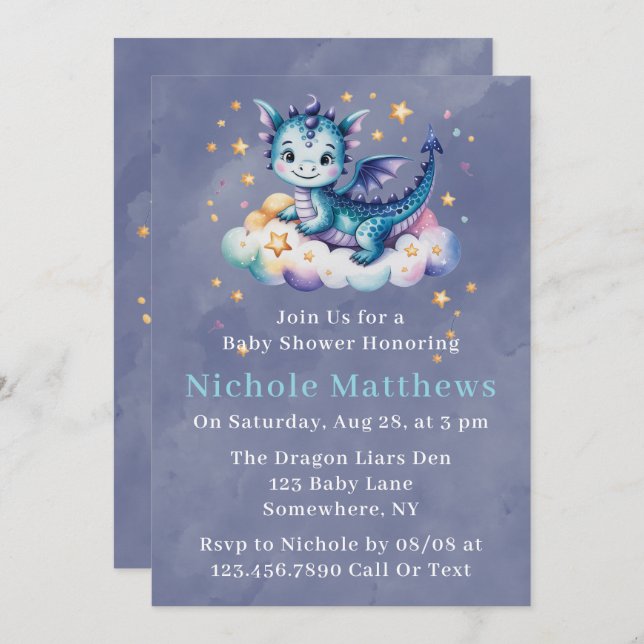 Whimsical Blue Dragon on a Cloud Boy Baby Shower Invitation (Front/Back)