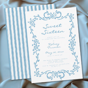 Whimsical Blue Drawn Floral Sweet Sixteen Birthday Invitation