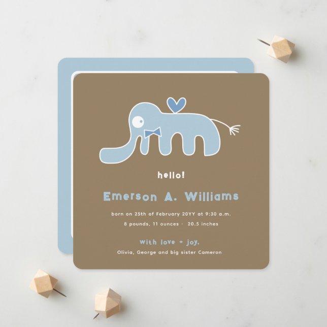 Whimsical Blue Elephant Love Baby Boy Photo Birth Announcement (Front/Back In Situ)