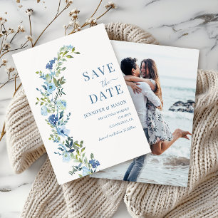 Whimsical Blue Floral Wreath Save The Date Photo Invitation