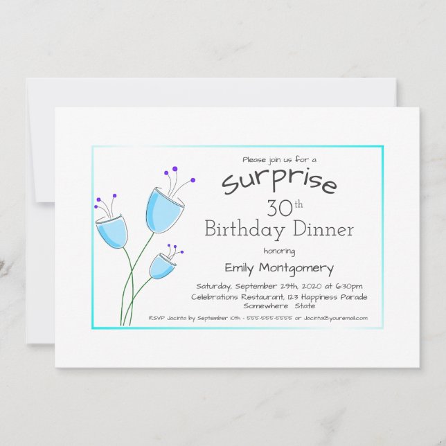 Whimsical Blue Flowers Surprise 30th Birthday Invitation (Front)