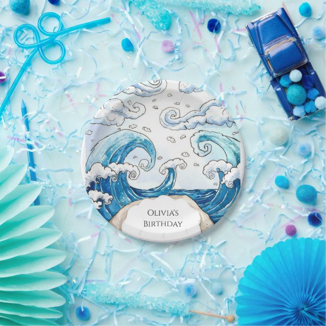 Whimsical Blue Fun Ocean Waves Birthday Paper Plate (Party)