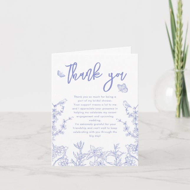 Whimsical Blue Garden Chinoiserie Bridal Shower Thank You Card (Front)