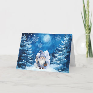 Whimsical Blue Gnome & Snowflakes Christmas Card