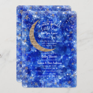 Whimsical Blue Gold Bronze Moon Stars Baby Shower Invitation