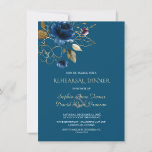 Whimsical Blue Gold Flowers Rehearsal Dinner Invitation