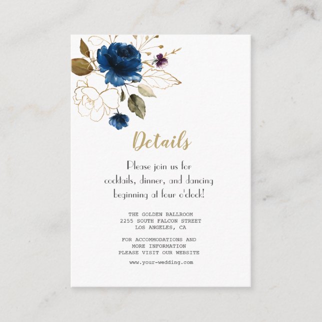 Whimsical Blue Gold Flowers Wedding Details Enclosure Card (Front)