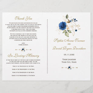 Whimsical Blue Gold Flowers Wedding Program