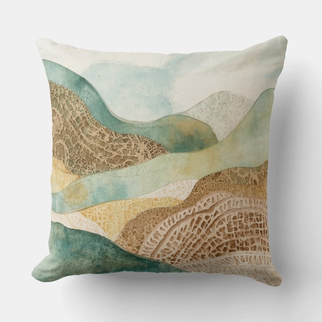 Whimsical Blue Green Brown Abstract Mountains Cushion (Front)