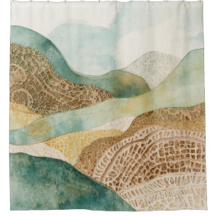 Whimsical Blue Green Brown Abstract Mountains Shower Curtain
