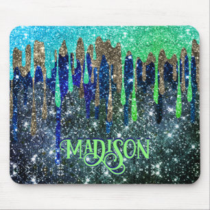 Whimsical blue green Glitter drips monogram Mouse Pad