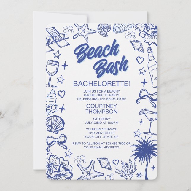 Whimsical Blue Hand Drawn Beach Bash Bachelorette Invitation (Front)