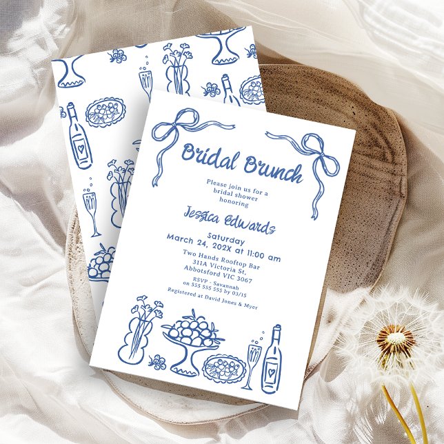 Whimsical Blue Hand Drawn Bridal Brunch Shower  Invitation (Whimsical Blue Hand Drawn Bridal Brunch Bridal Shower Invitation, Doodle, Line Drawing
Food Drink )