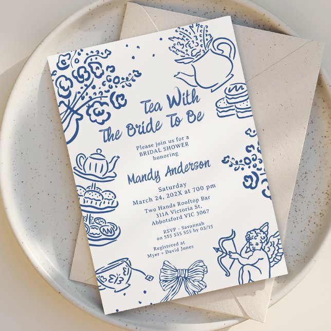 Whimsical Blue Hand Drawn Cherub Tea Bridal Shower Invitation (Hand Drawn Tea Bridal Shower Invitation, Bridal Shower Tea Invitations, Hand Drawn Bridal Tea Invite)