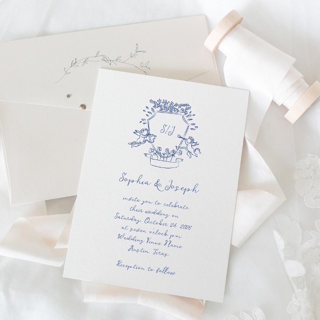 Whimsical Blue Hand Drawn Crest Monogram | Wedding Invitation (Creator Uploaded)