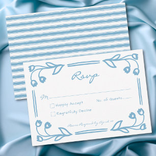 Whimsical Blue Hand Drawn Floral Stripe Wedding RSVP Card