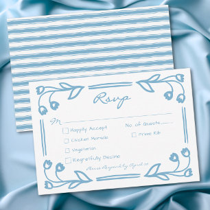 Whimsical Blue Hand Drawn Floral Stripe Wedding RSVP Card