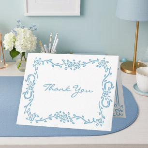 Whimsical Blue Hand Drawn Floral Stripe Wedding Thank You Card