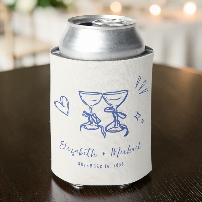 Whimsical Blue Hand Drawn Romantic Wedding Can Cooler (Whimsical Blue Hand Drawn Romantic Wedding Can Cooler)