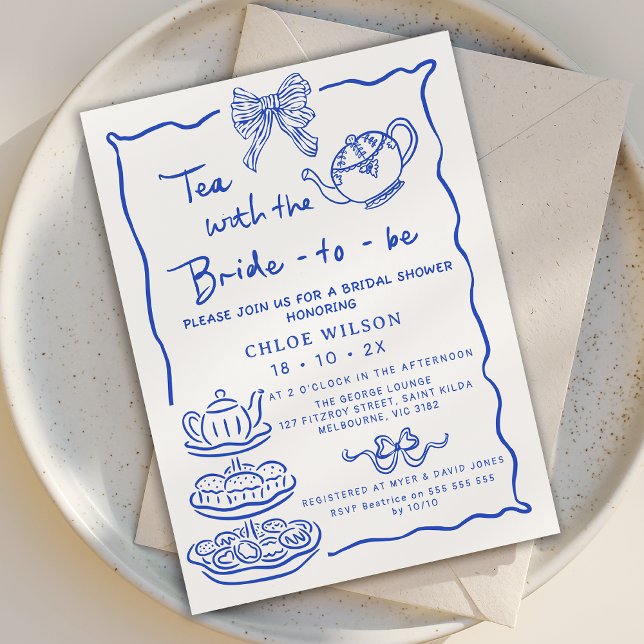 Whimsical Blue Hand Drawn Tea Bridal Shower  Invitation (Blue Hand Drawn Bridal Tea Invitation, Tea with the Bride to Be Invite, Whimsical Tea Bridal Shower )