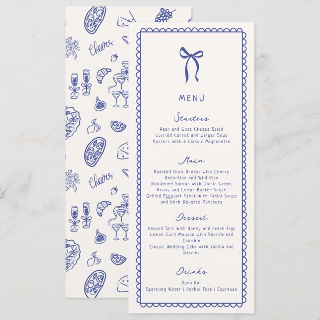 Whimsical, blue Hand drawn Wedding Flat Menu (Front/Back)