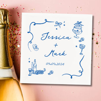 Whimsical Blue Hand Drawn Wedding Napkin