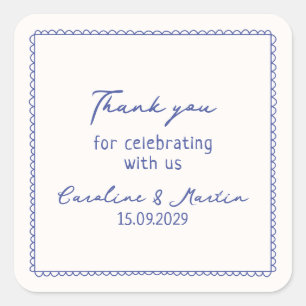 Whimsical, blue hand drawn wedding thank you  square sticker