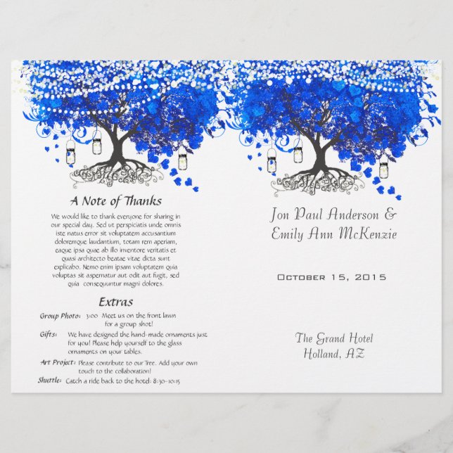 Whimsical Blue Heart Leaf Tree Wedding Program (Front)