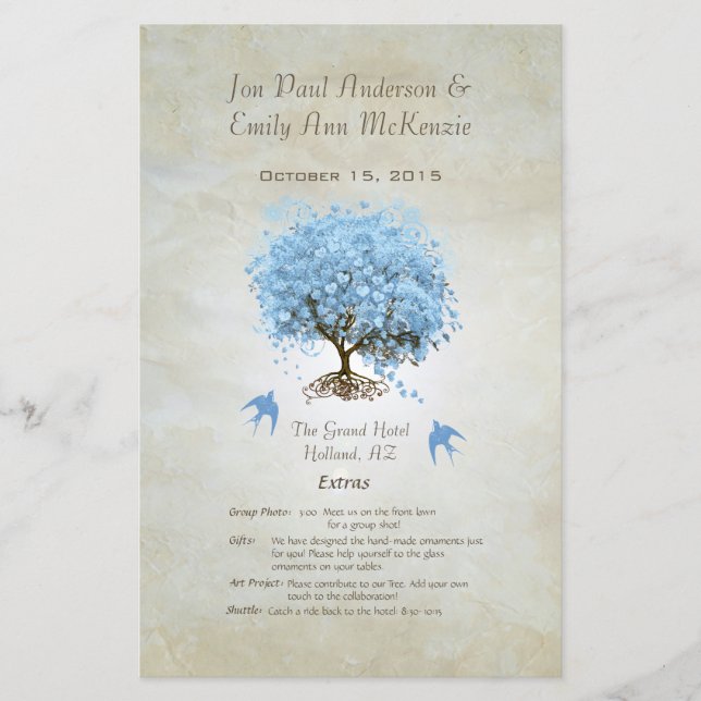 Whimsical Blue Heart Leaf Tree Wedding Program (Front)