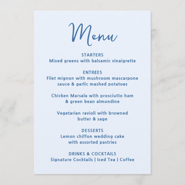 Whimsical Blue Heart Wedding Menu (Front)
