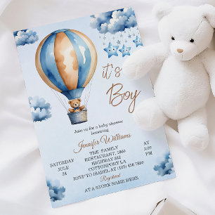 Whimsical Blue Hot Air Balloon Baby Boy Shower Invitation